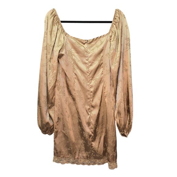 SHEIN Slip Dress Womens Medium Gold Floral Lace Long Sleeve Jacquard Mini Party - Picture 2 of 11